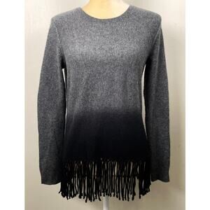 Aqua Cashmere Ombre Fringe Trim Sweater Gray Black